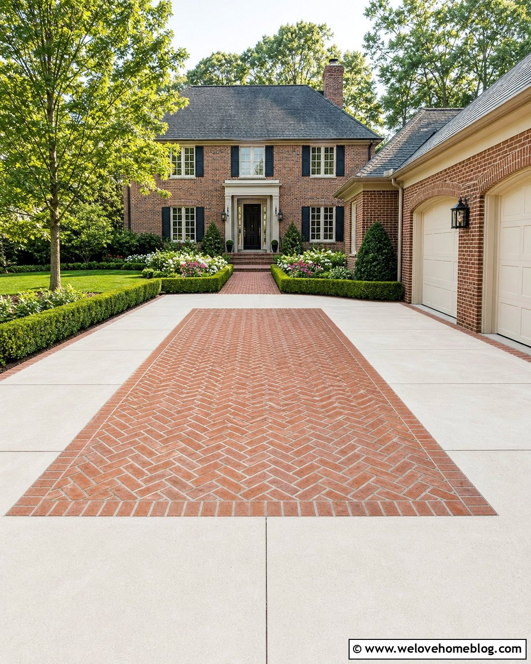 Concrete Driveway With Herringbone Brick Inlay - 20 Concrete Driveway With Brick Inlay Ideas