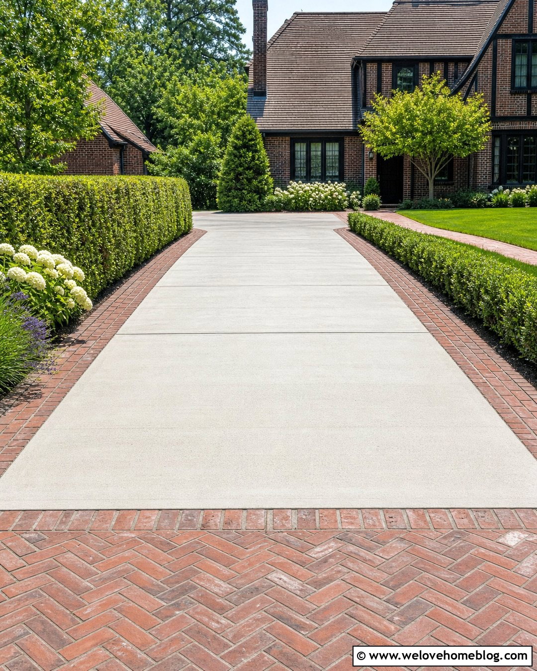Concrete Driveway With Herringbone Paver Border - 20 Paver Edged Driveway Ideas