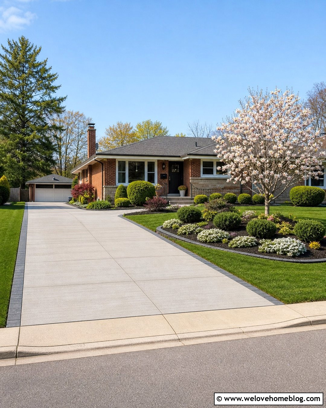 Concrete Driveway With Layered Foundation Beds - 25 front yard landscaping with driveway ideas