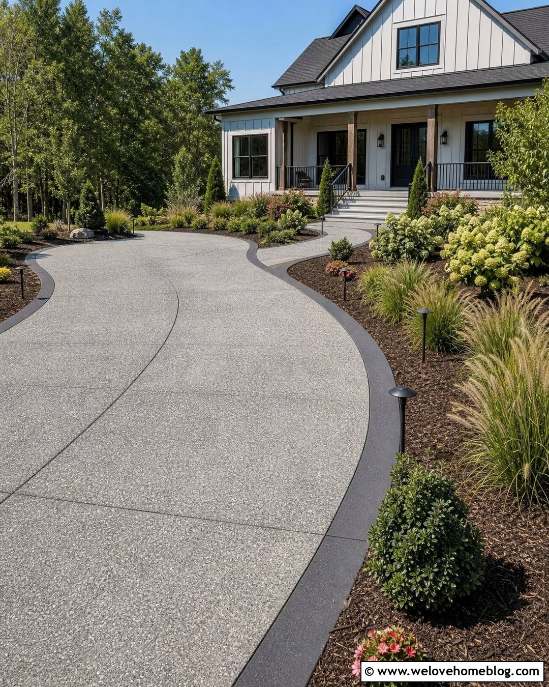 Concrete Driveway With Lighted Walkway And Planting Beds - 20 Concrete Driveway And Walkway Ideas