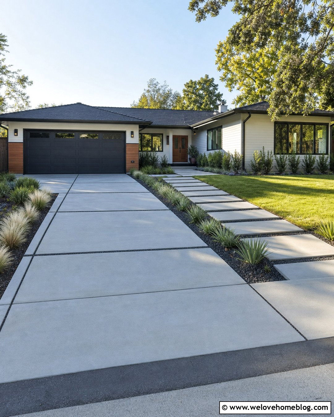 Concrete Driveway With Matching Stepping Slab Walkway - 20 Clean Concrete Driveway Ideas