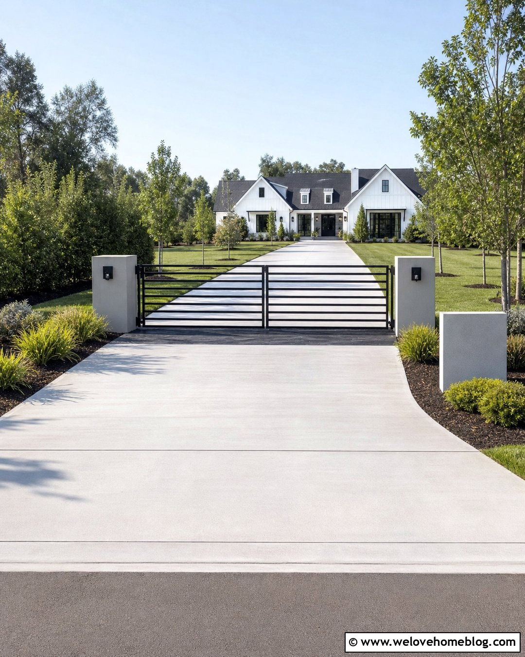 Concrete Driveway With Modern Gate And Pillars - 20 Clean Concrete Driveway Ideas