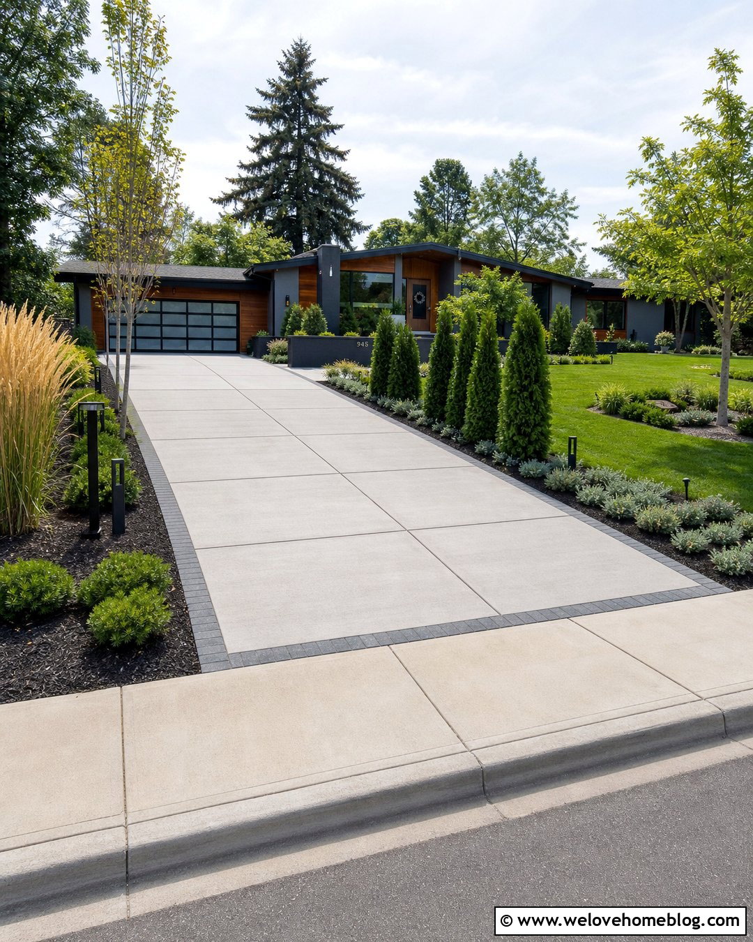 Concrete Driveway With Modern Grass Beds - 20 Driveway And Garden Ideas