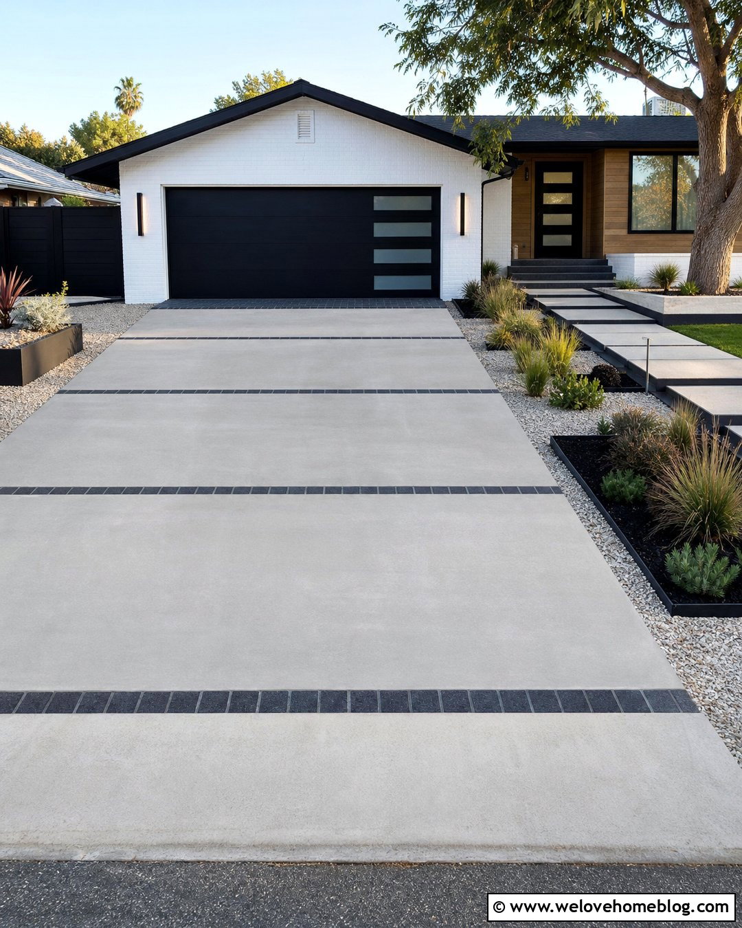 Concrete Driveway With Modern Paver Accent Lines - 20 Concrete Driveway With Paver Inlay Ideas