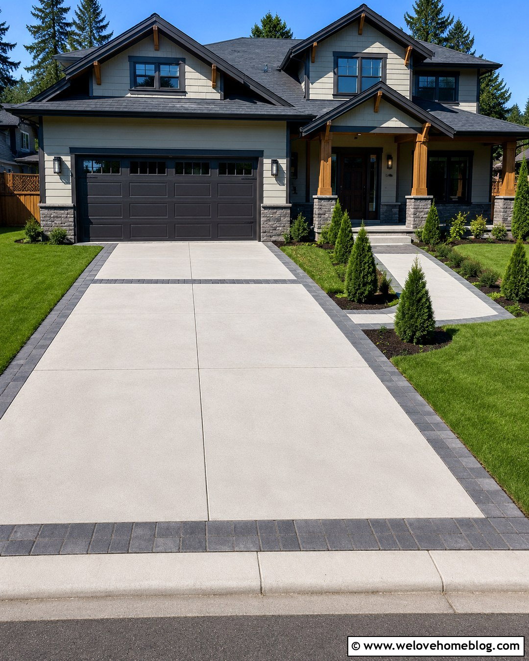 Concrete Driveway With Paver Border - 20 Easy Driveway Projects Ideas