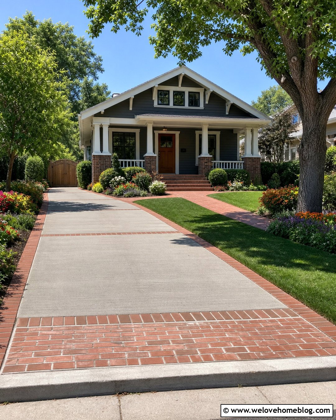 Concrete Driveway With Red Brick Ribbons - 25 Driveway Concrete Ideas
