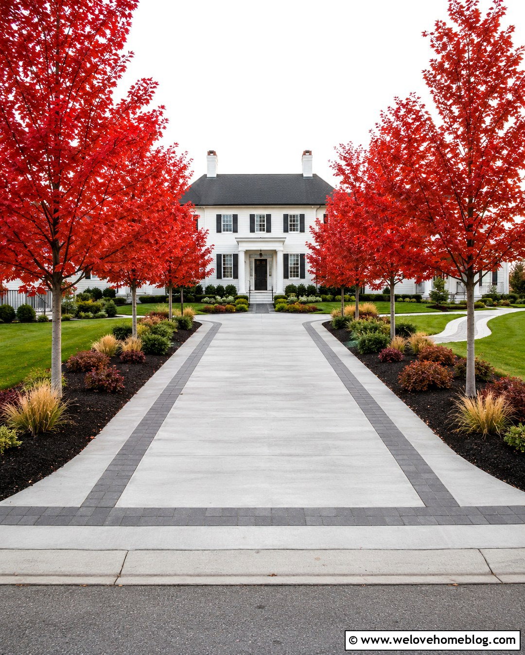 Concrete Driveway With Red Maple Borders - 20 autumn driveway landscaping ideas