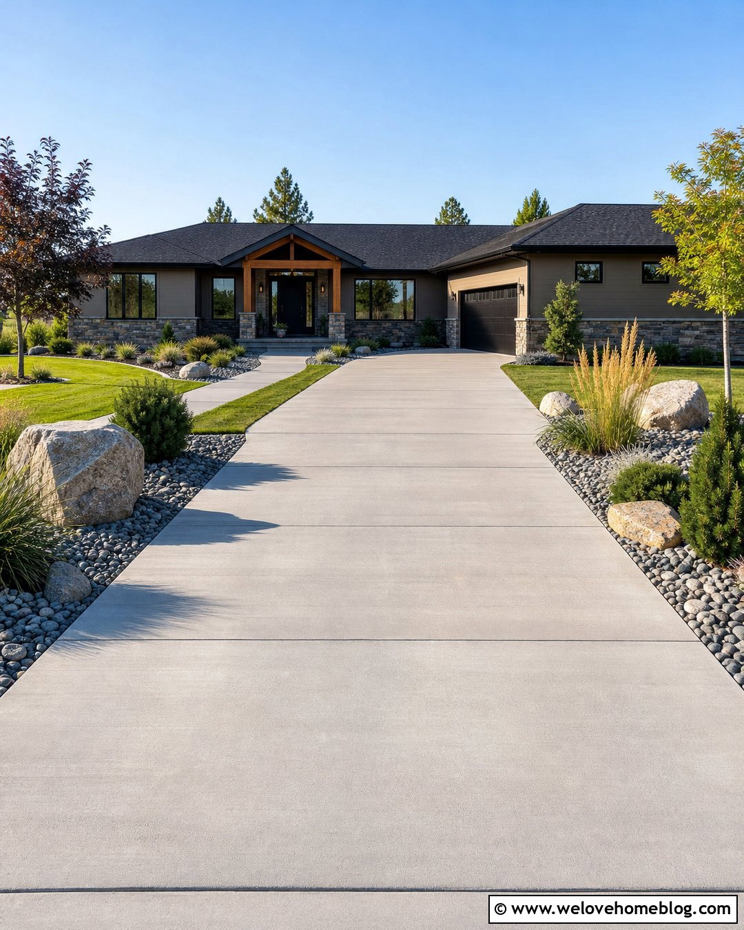 Concrete Driveway With River Rock Landscaping - 25 landscaping next to driveway ideas