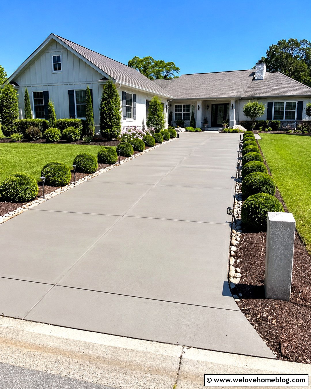 Concrete Driveway With Rounded Boxwood Shrubs - 20 boxwood lined driveway ideas