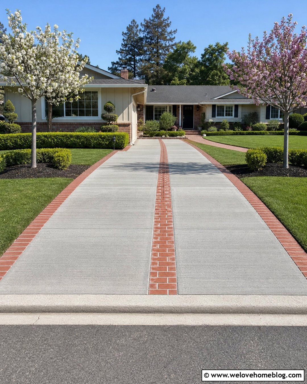 Concrete Driveway With Running Bond Brick Inlay - 20 Concrete Driveway With Brick Inlay Ideas