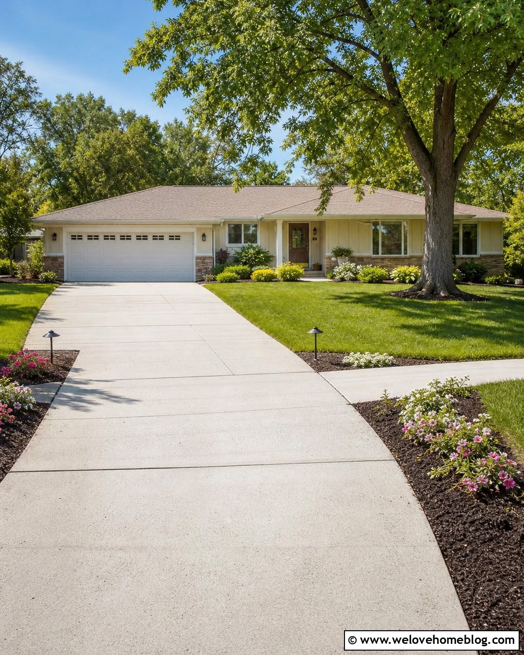 Concrete Driveway With Solar Lights And Mulch Borders - 25 driveway decor ideas