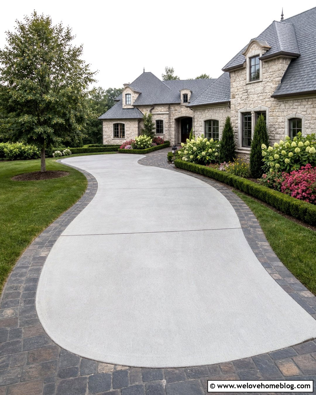 Concrete Driveway With Stamped Cobblestone Border - 20 Large Concrete Driveway Ideas