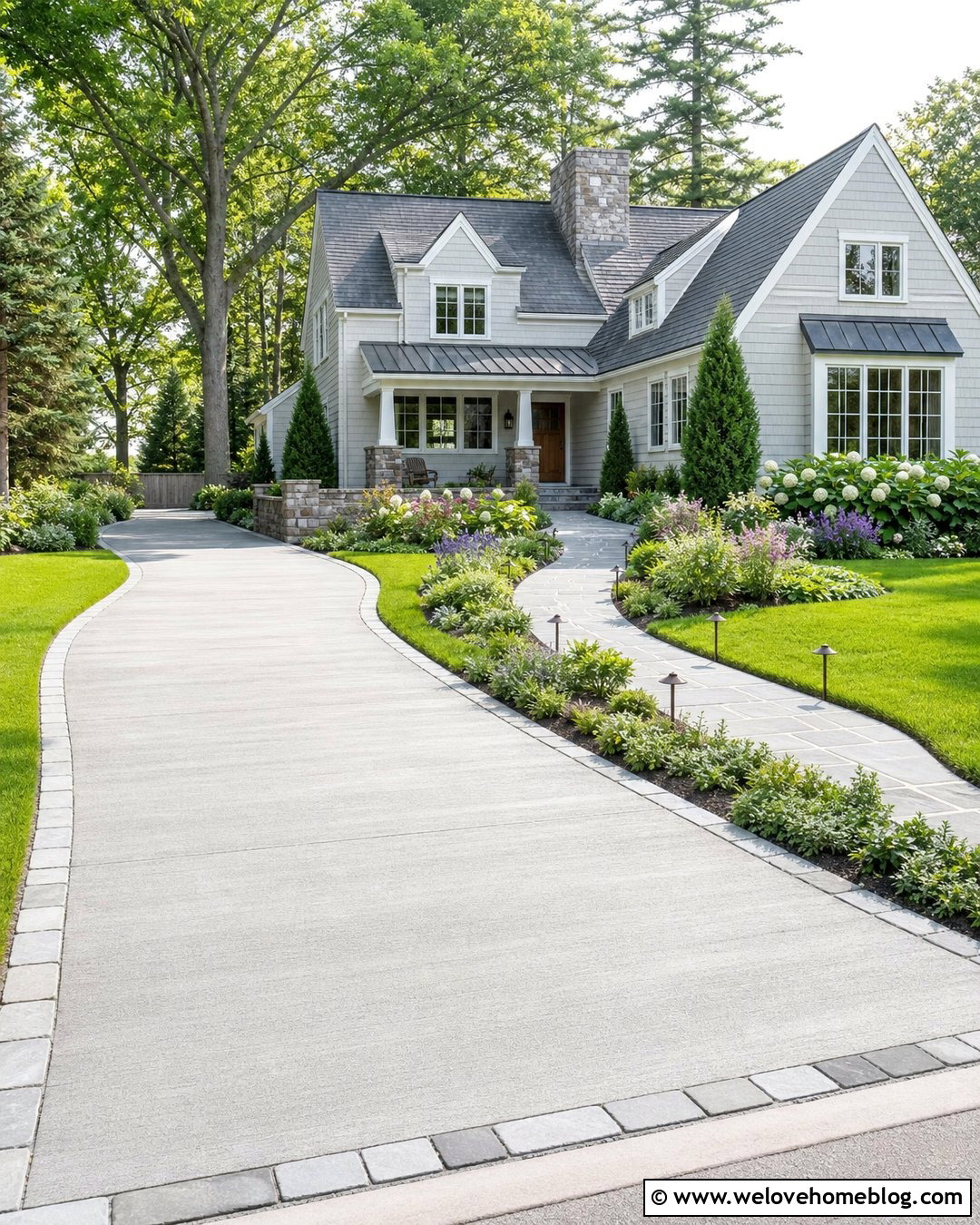 Concrete Driveway With Stone Border And Garden Walkway - 20 Concrete Driveway And Walkway Ideas