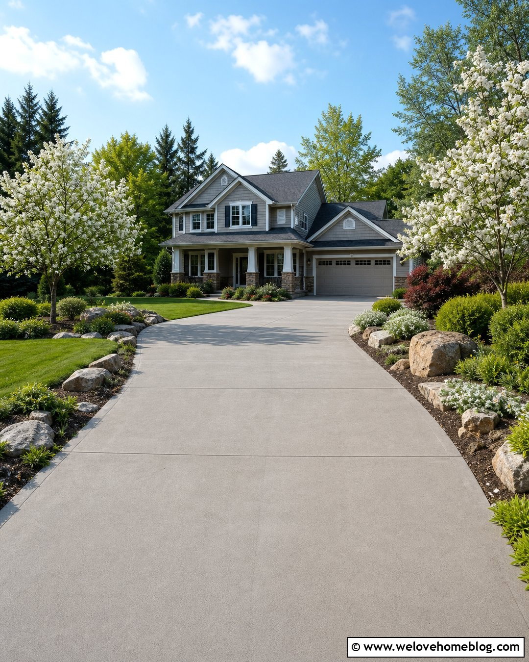 Concrete Driveway With Sweeping Garden Beds - 20 natural driveway landscaping ideas