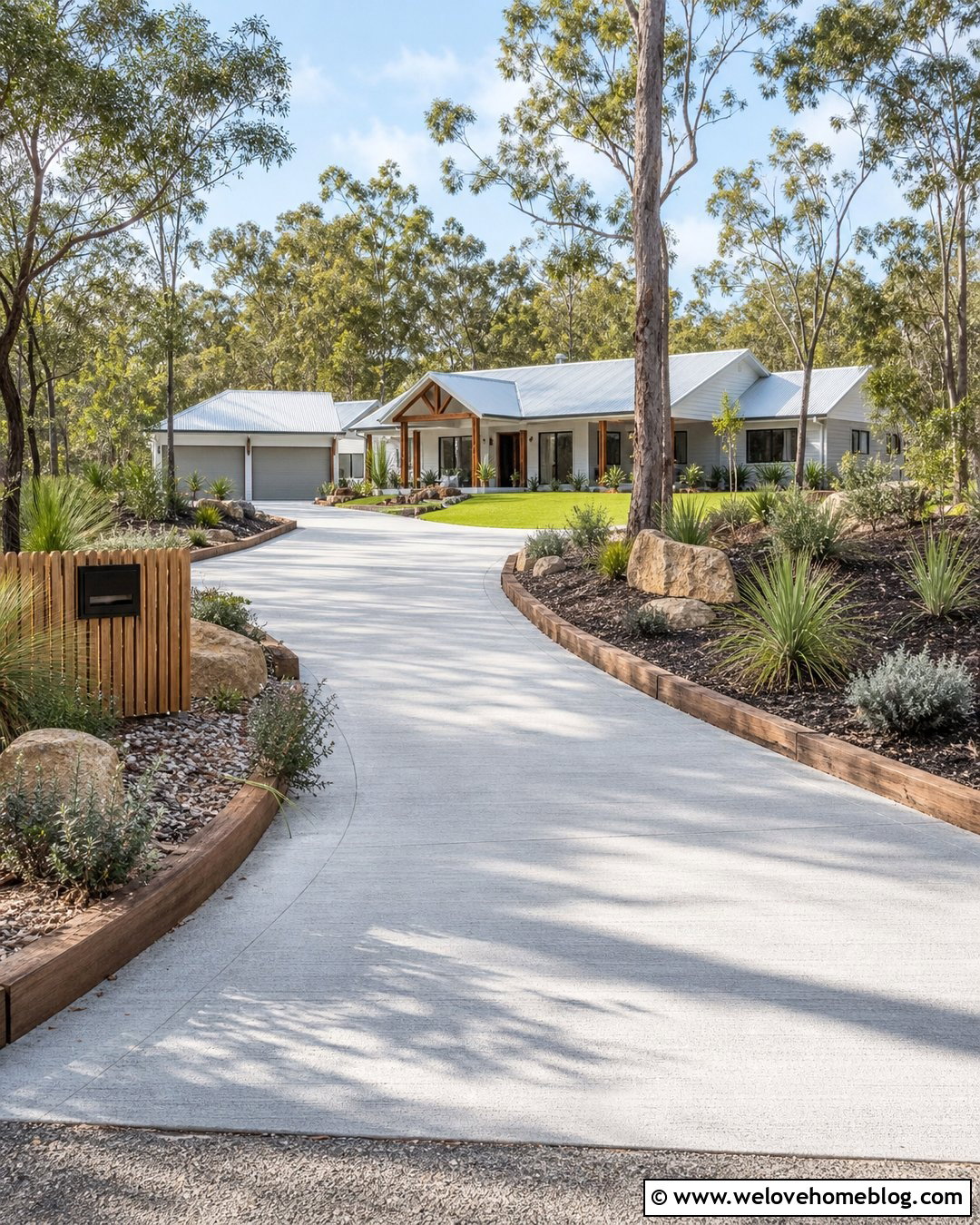 Concrete Driveway With Timber Sleeper Edging - 20 Australian Driveway Ideas
