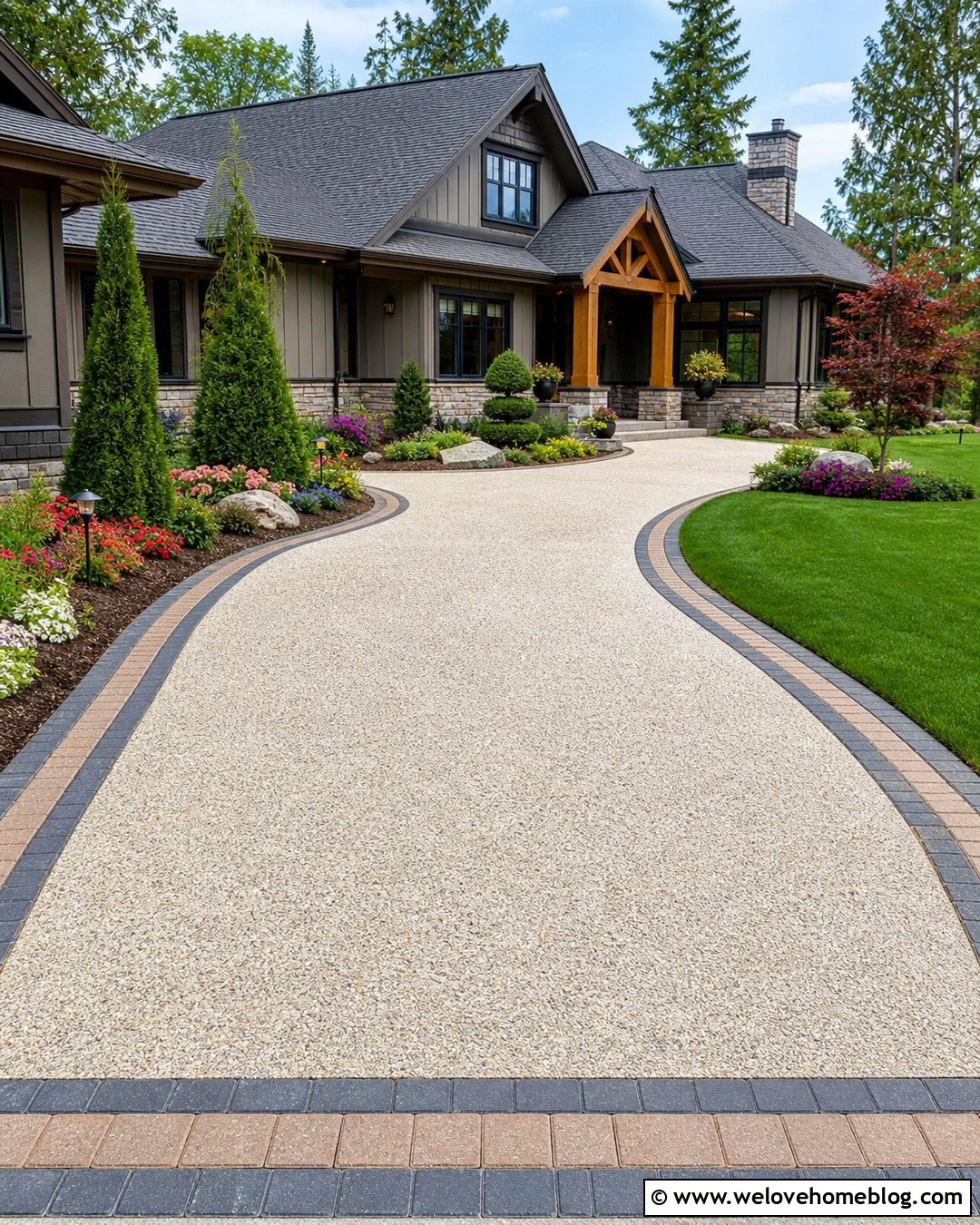 Concrete Driveway With Two Tone Paver Frame - 20 Concrete Driveway With Paver Inlay Ideas