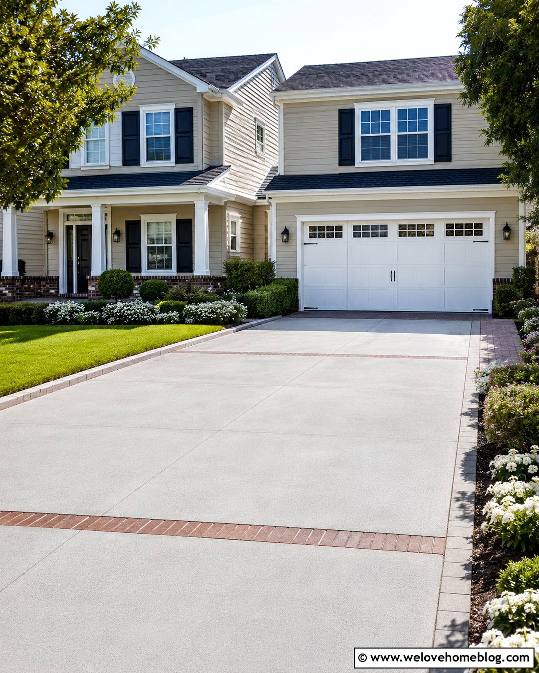 Concrete Driveway With a Brick Ribbon - 20 stylish driveway makeover ideas