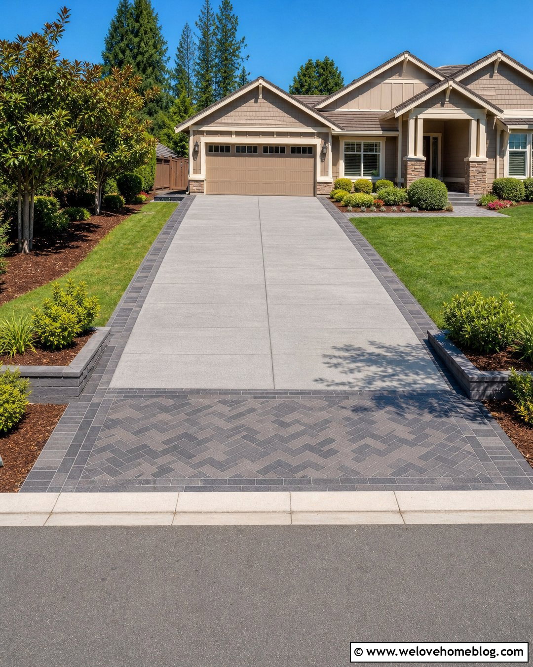 Concrete Driveway With a Paver Apron - 20 Driveway Makeover Project Ideas