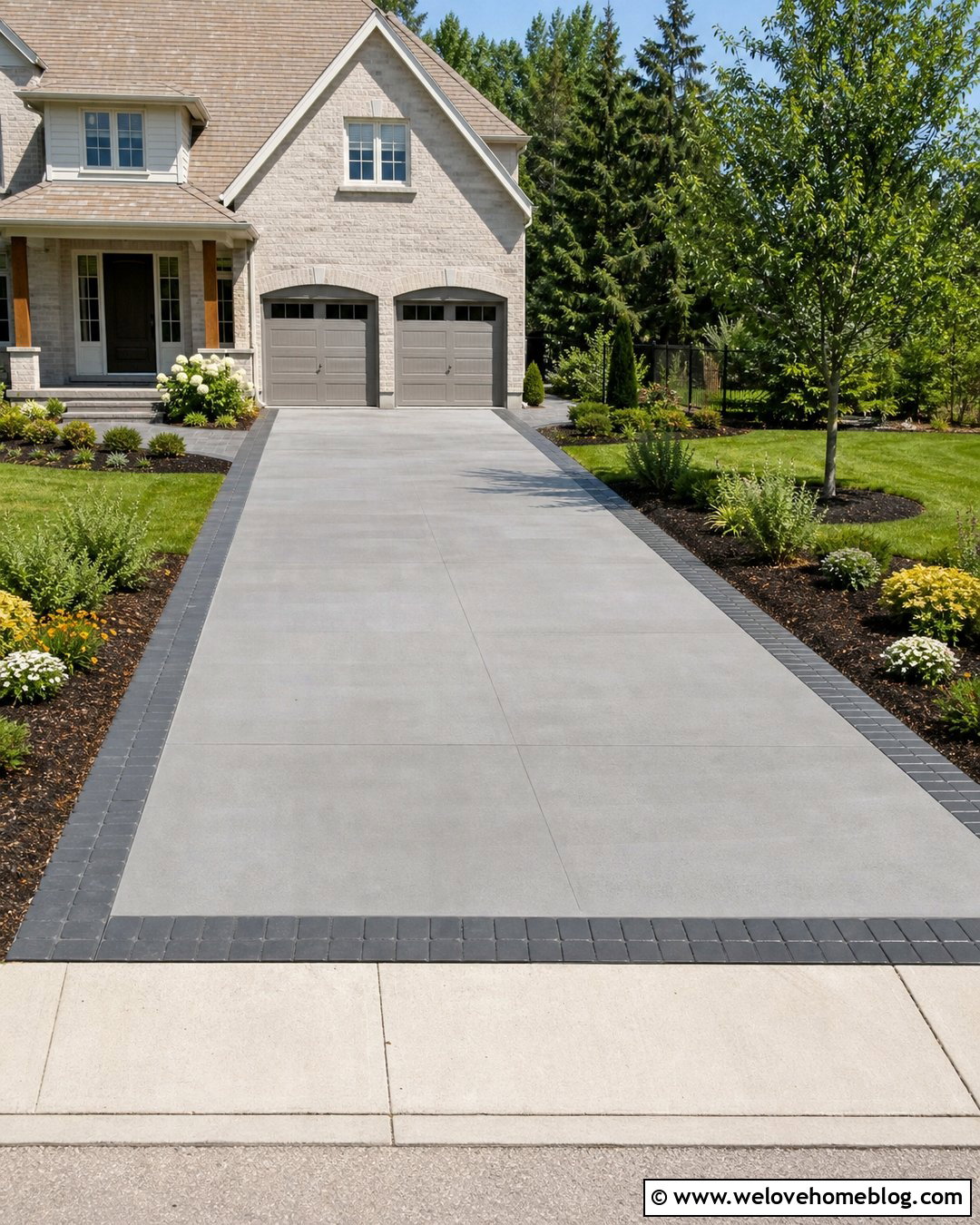 Concrete Front Driveway With Paver Border - 45 Front Driveway Ideas