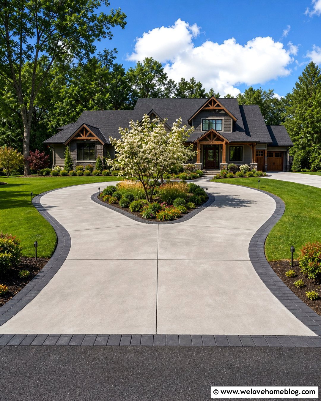 Concrete Horseshoe Driveway With Center Island Garden