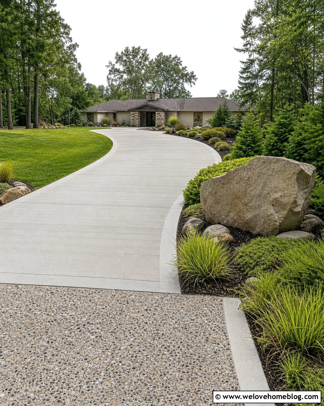 Concrete Lake House Driveway Entrance With Boulder Sign - 20 Lake House Driveway Entrance Ideas
