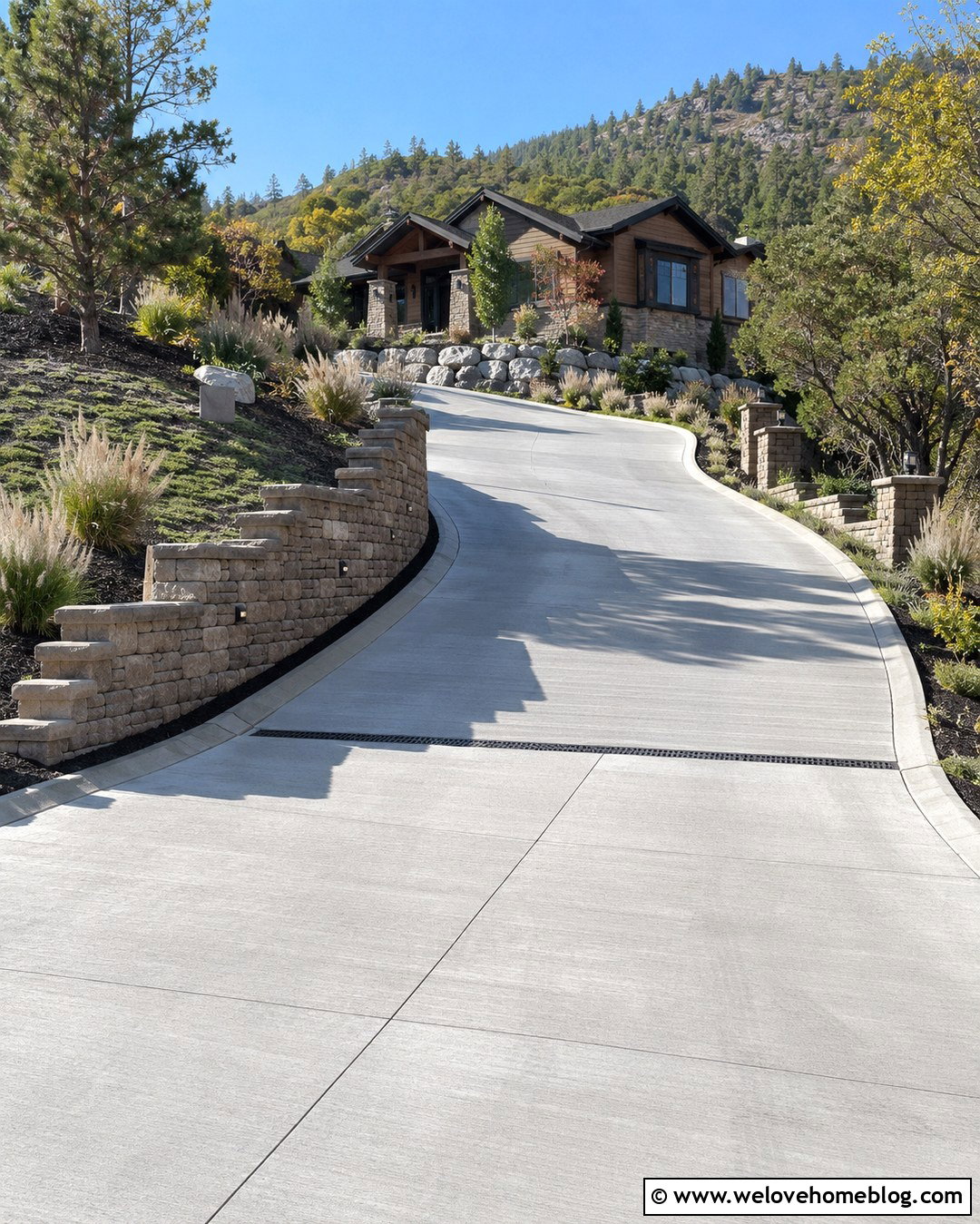 Concrete Long Winding Driveway With Retaining Walls - 20 Long Winding Driveway Ideas