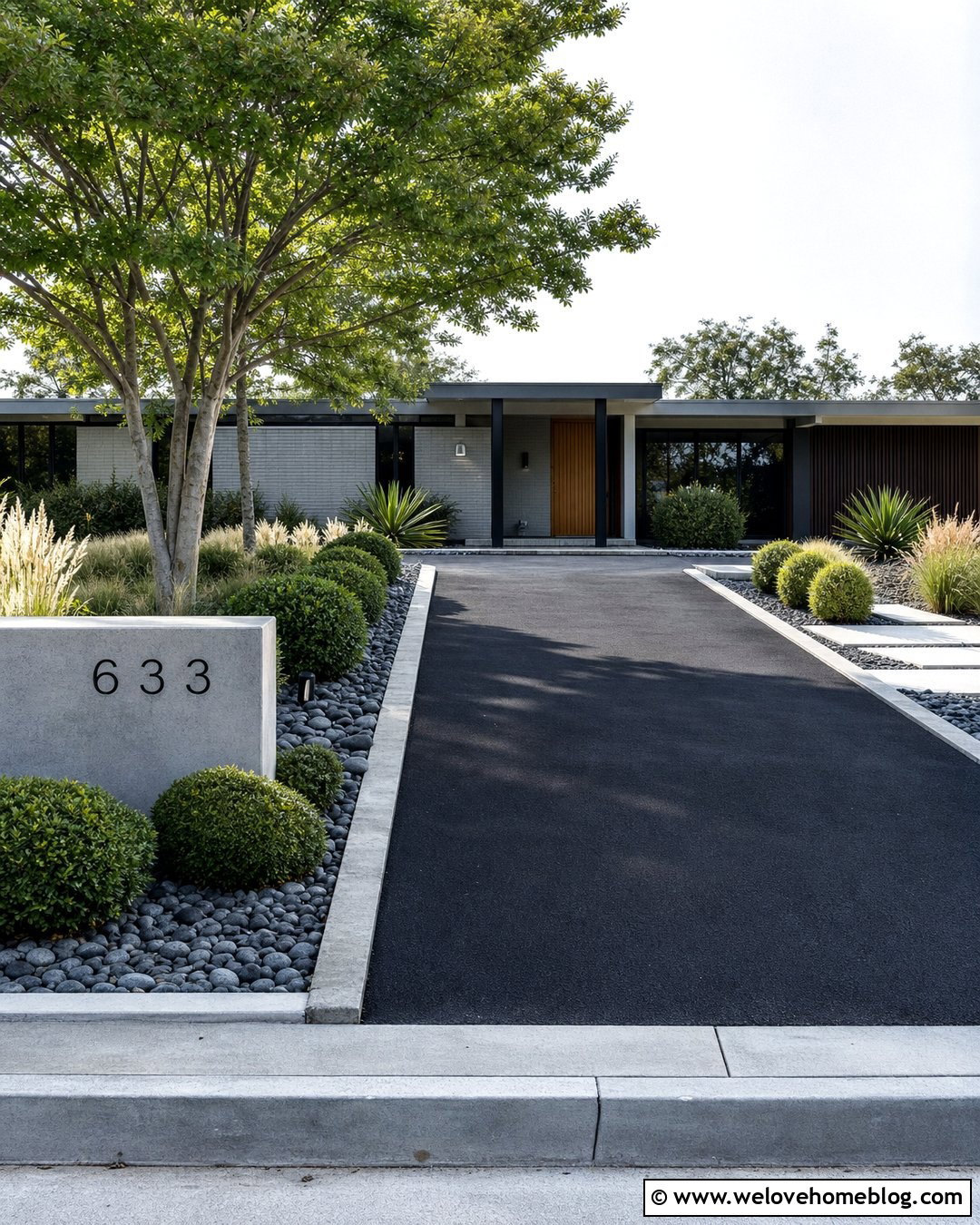 Concrete Monument Driveway Sign With Black Asphalt Driveway - 30 Driveway Sign Ideas