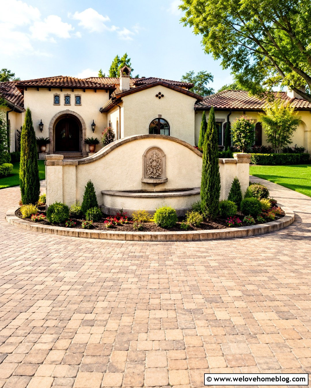 Concrete Paver Circle Driveway With Wall Fountain - 20 circle driveway with fountain ideas