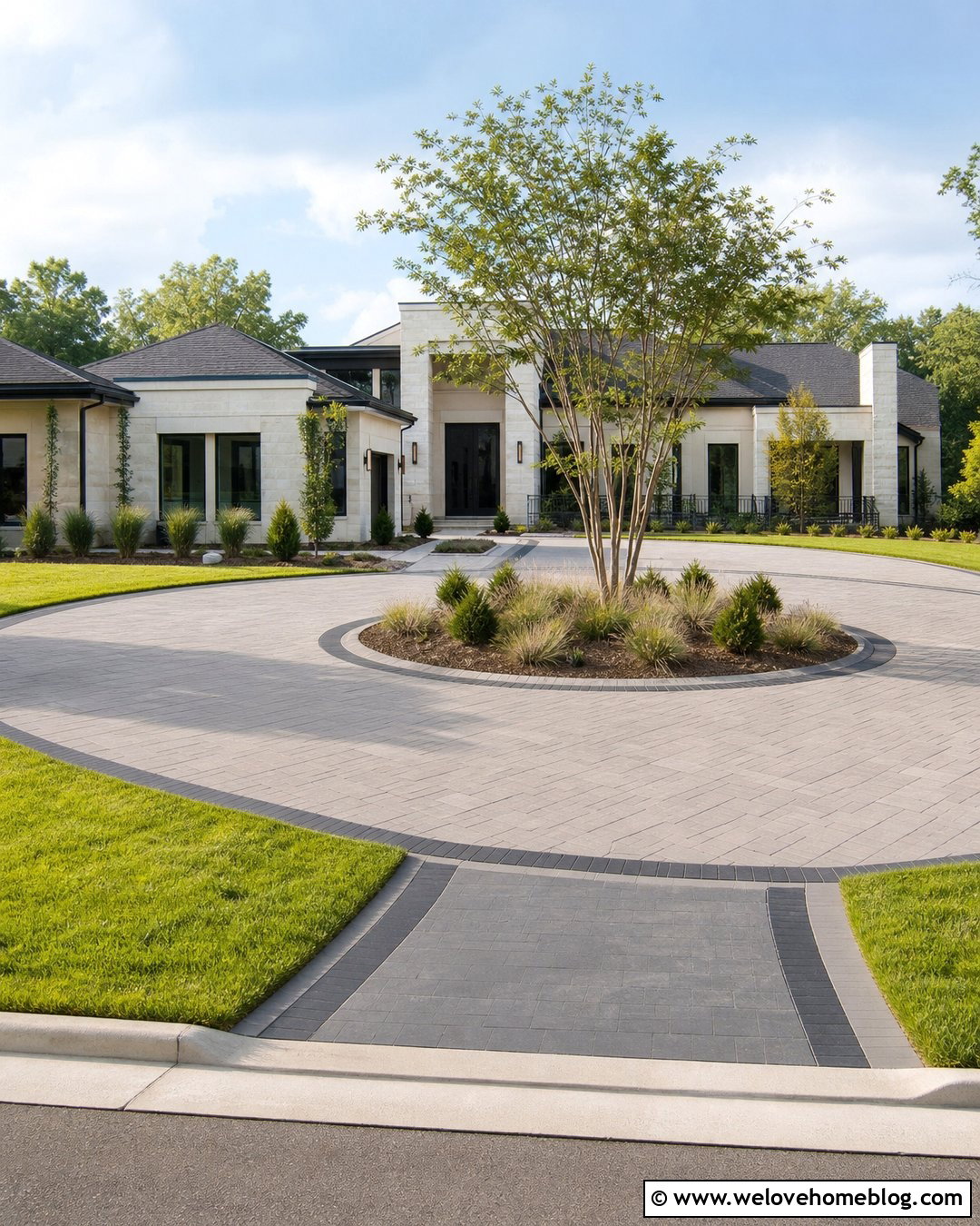 Concrete Paver Circular Driveway With Dark Accents - 30 Circular Driveway Design Ideas