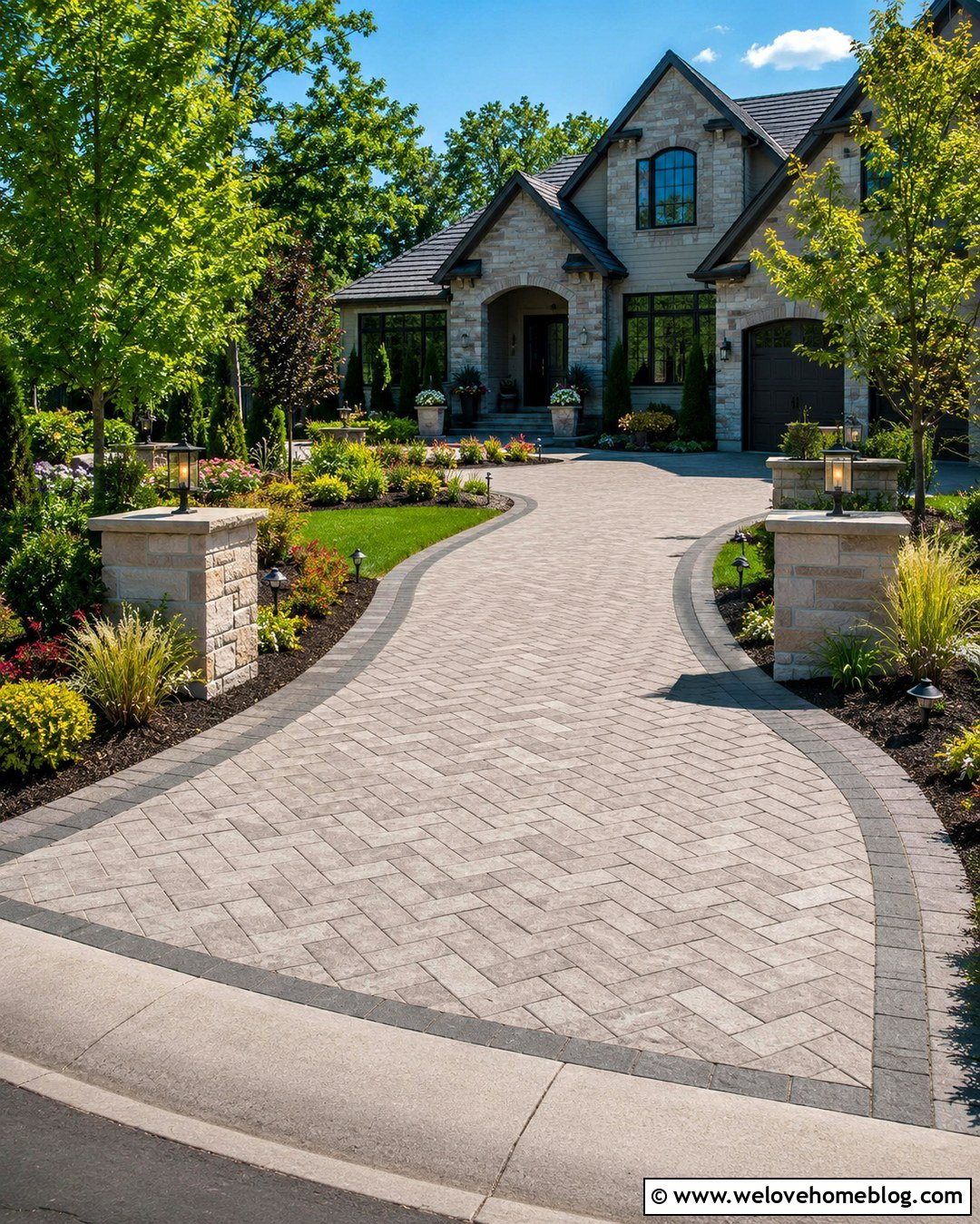 Concrete Paver Driveway With Landscape Lighting - 20 Concrete Paver Driveway Ideas