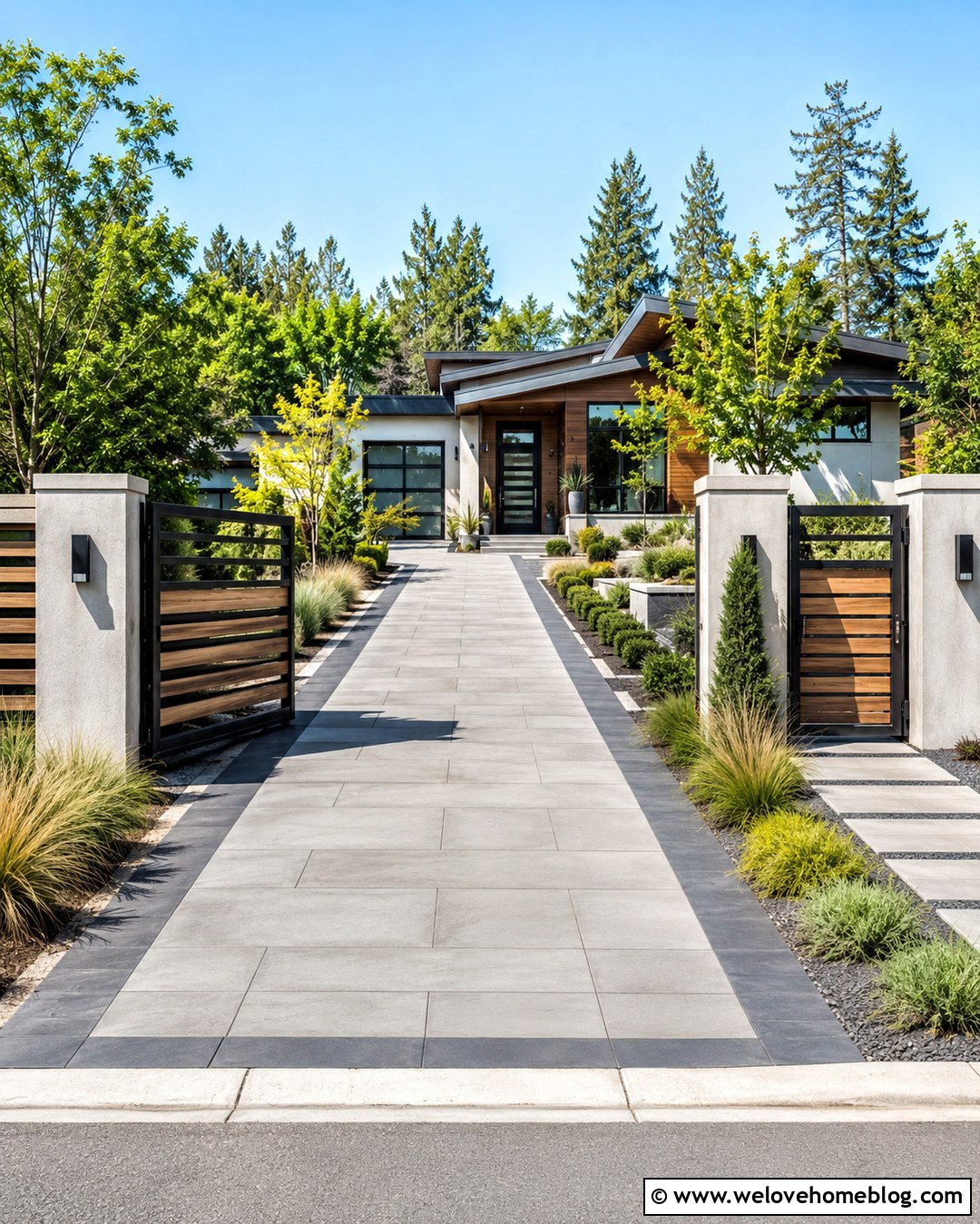 Concrete Paver Driveway With Modern Gate And Pillars - 20 modern landscape design front yard driveways concrete pavers ideas