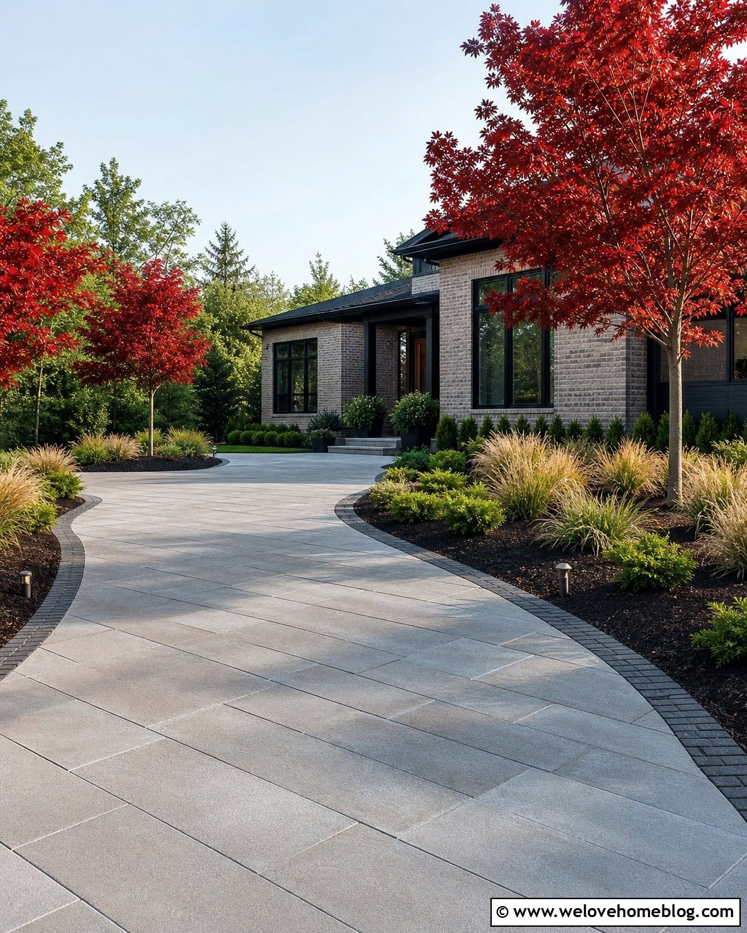 Concrete Paver Driveway With Red Maple Lighting - 20 Red Maple Tree Lined Driveway Ideas