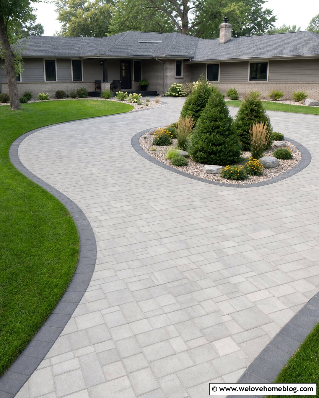 Concrete Paver Horseshoe Driveway With Low Maintenance Shrubs - 20 driveway landscape for horseshoe ideas