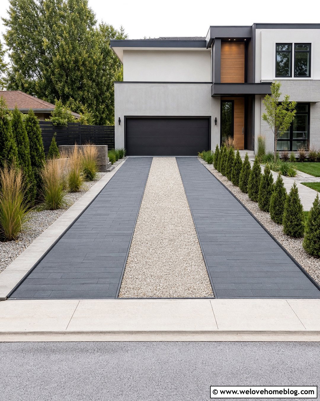 Concrete Paver Two Strip Driveway With Gravel Center - 20 Two Strip Driveway Ideas