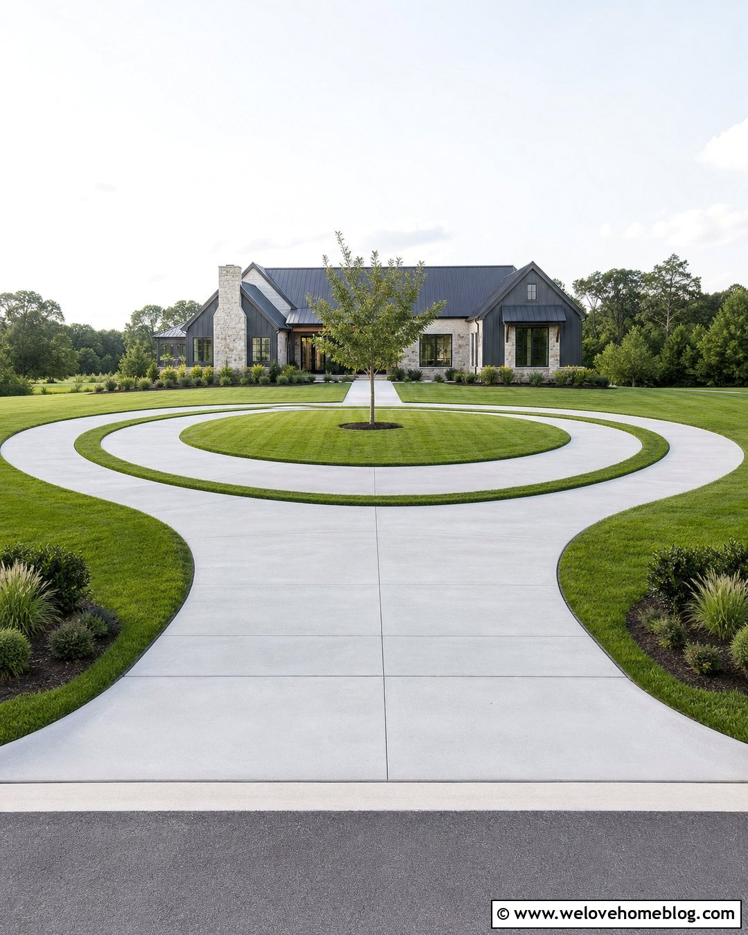 Concrete Ribbon Circular Driveway With Grass Strips - 45 Circular Driveway Ideas