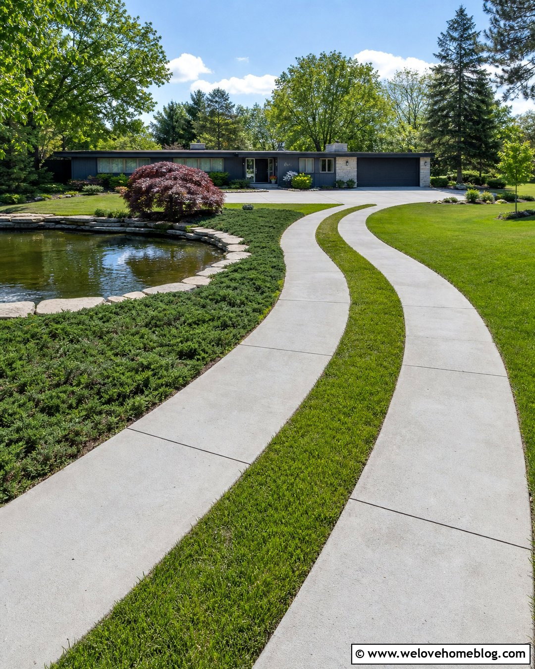 Concrete Ribbon Driveway Around A Small Pond - 20 Driveway Around Pond Ideas