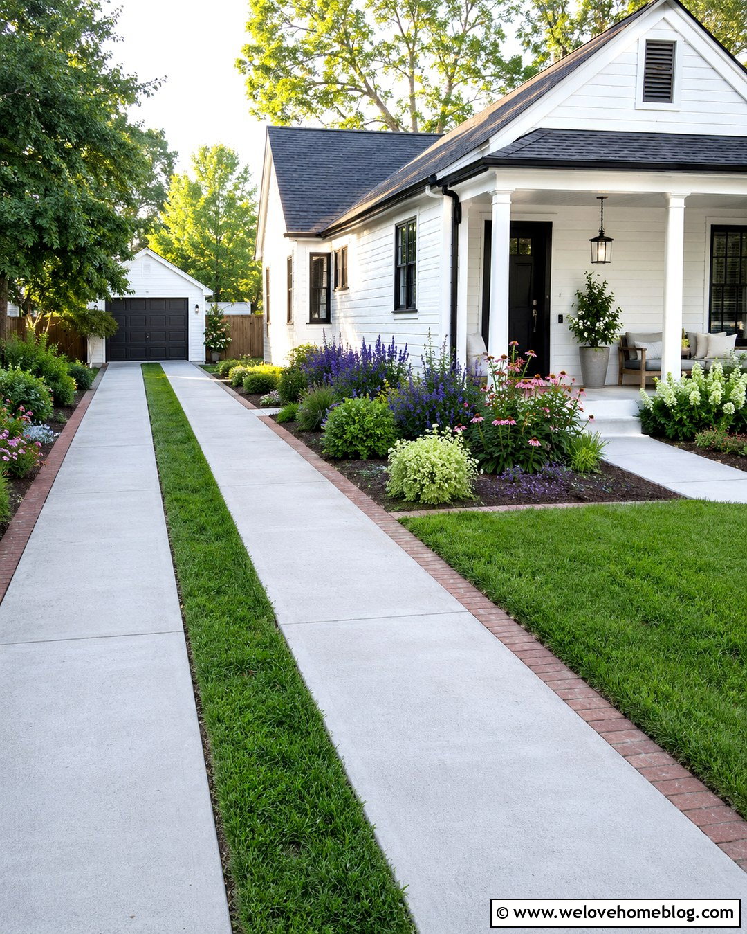 Concrete Ribbon Driveway For A White Bungalow - 20 White House Driveway Ideas