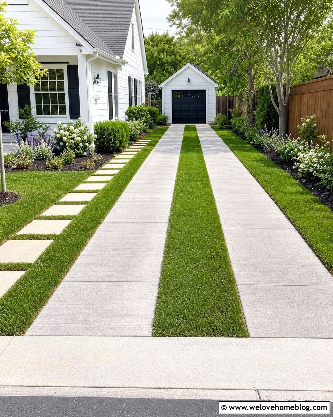 Concrete Ribbon Driveway With Grass Center - 30 Driveway Installation Ideas