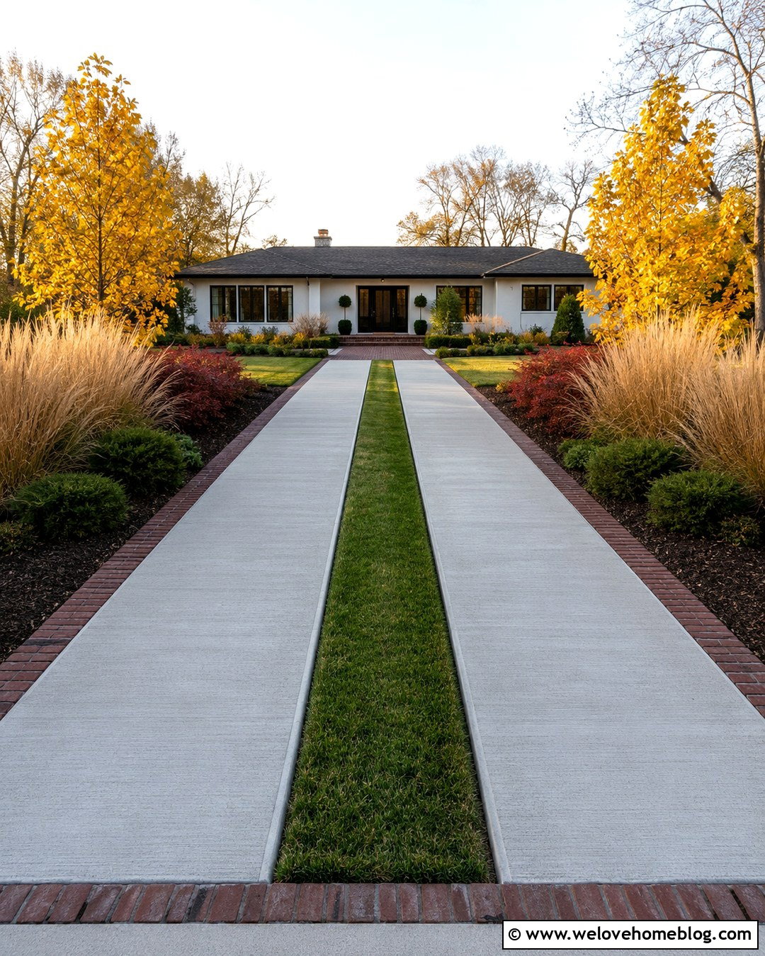 Concrete Ribbon Driveway With Grass Center - 20 Autumn Driveway Paving Ideas