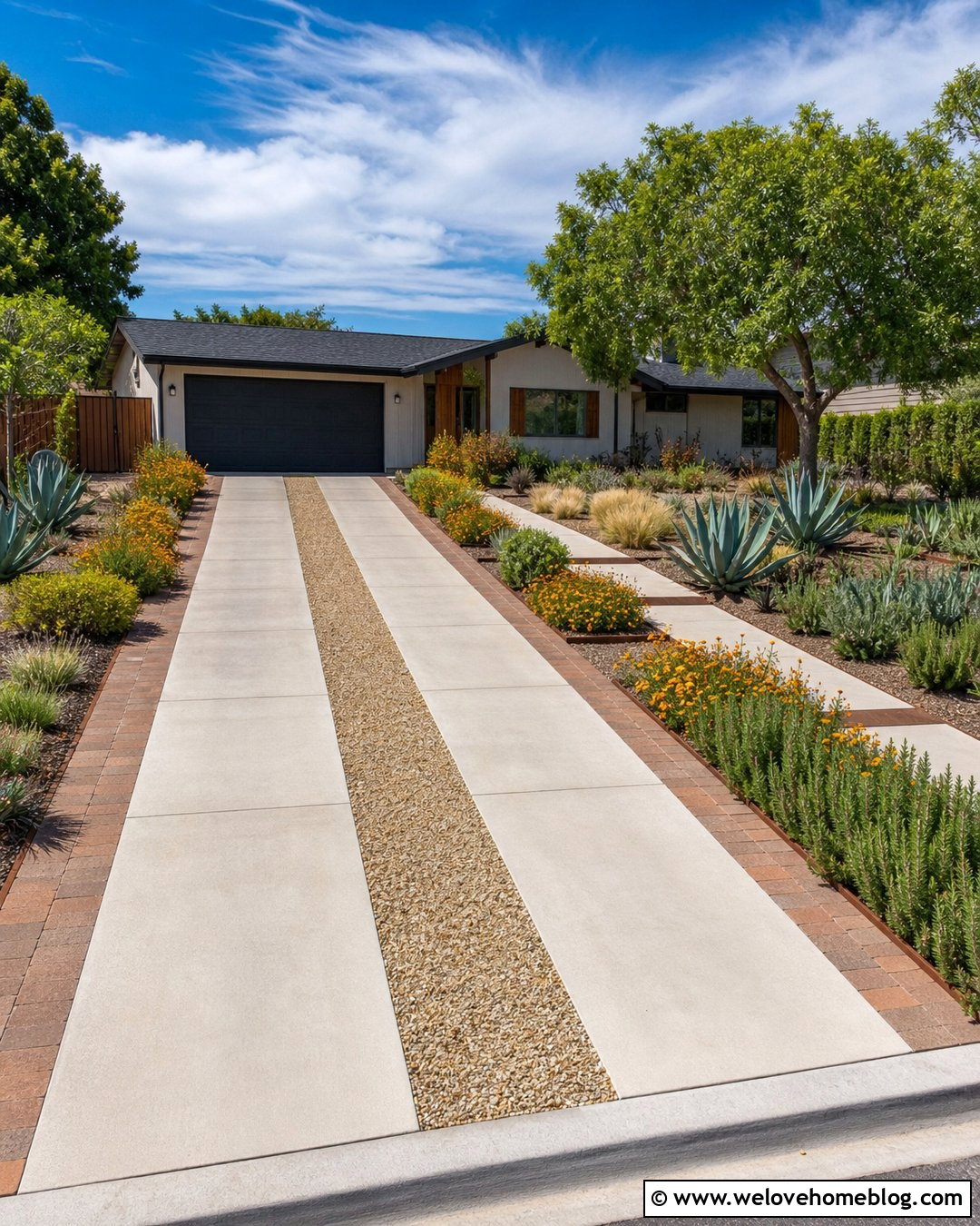 Concrete Ribbon Driveway With Gravel Strips - 20 desert driveway landscaping ideas