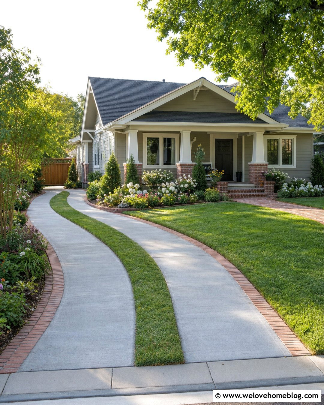 Concrete Ribbon Driveway With Green Center - 25 Pretty Driveways Ideas