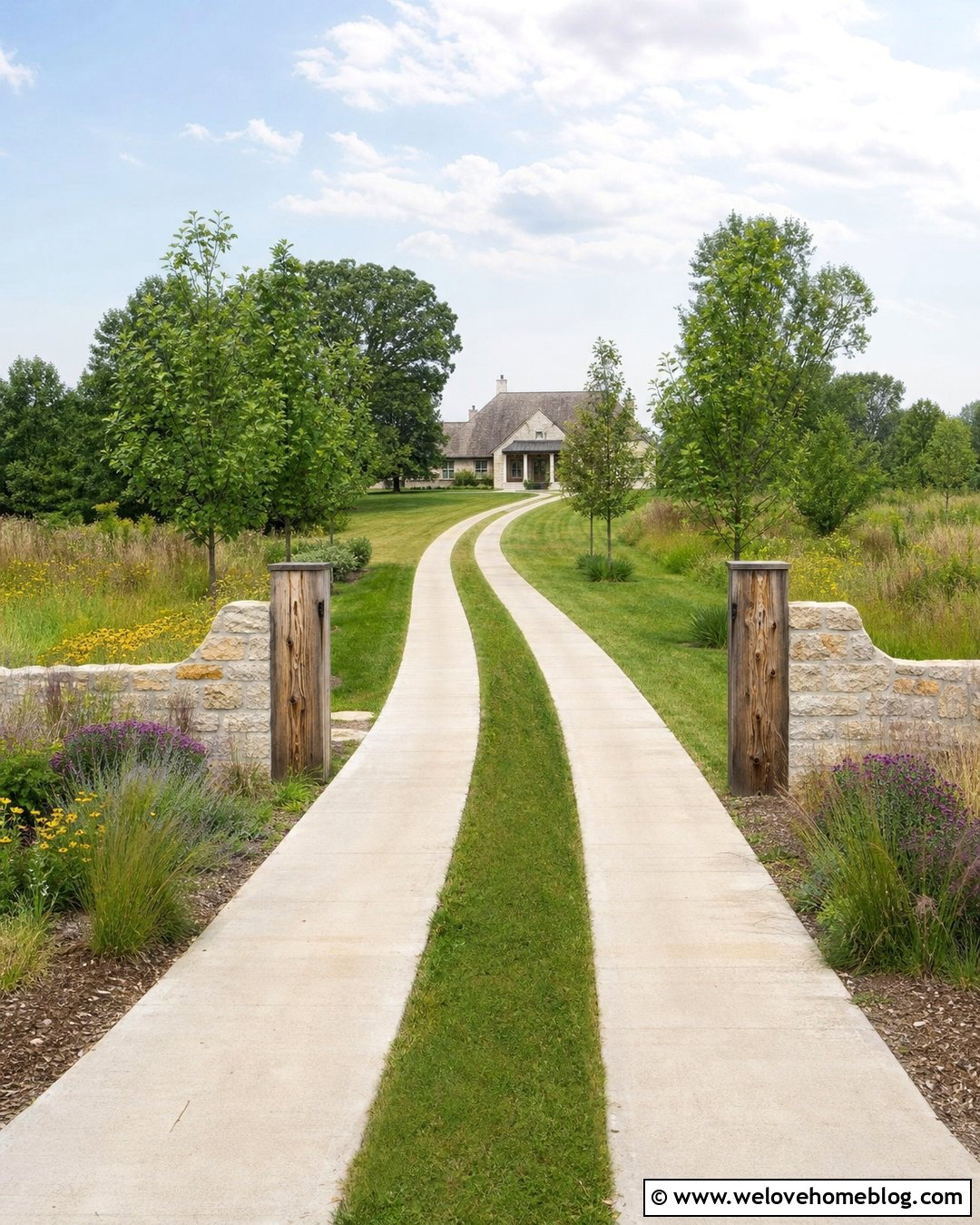 Concrete Ribbon Driveway With Meadow Planting - 25 long driveway landscaping entrance ideas