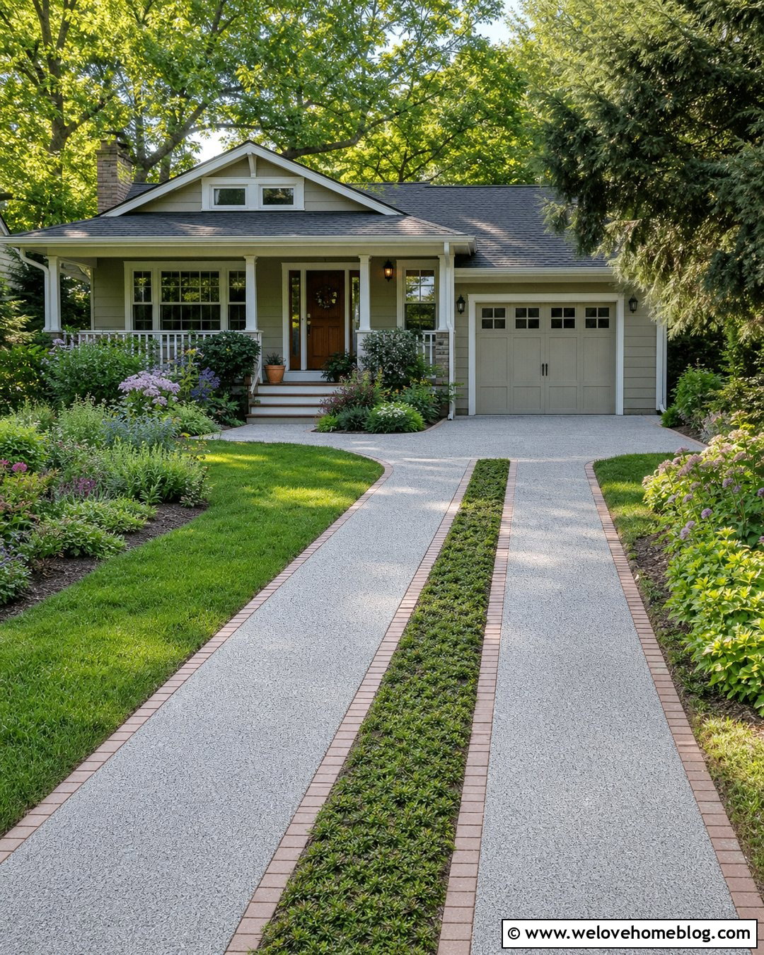 Concrete Ribbon Driveway With Planted Center - 20 Permeable Concrete Driveway Ideas