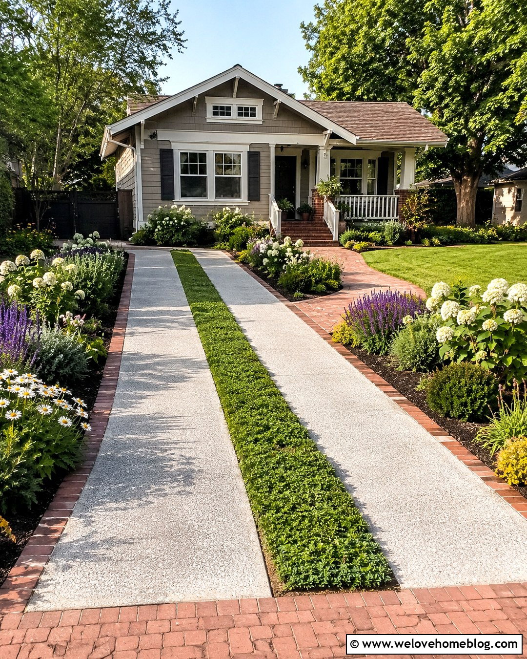 Concrete Ribbon Driveway With a Planted Center - 20 American Driveway Ideas