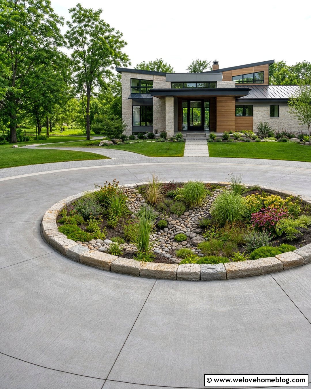 Concrete Roundabout Driveway With Rain Garden - 35 Round About Driveway Landscaping Ideas