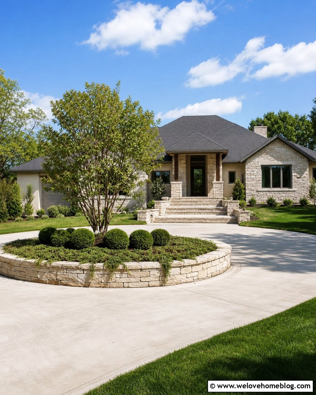 Concrete Roundabout Driveway With Raised Stone Island - 35 Round About Driveway Landscaping Ideas