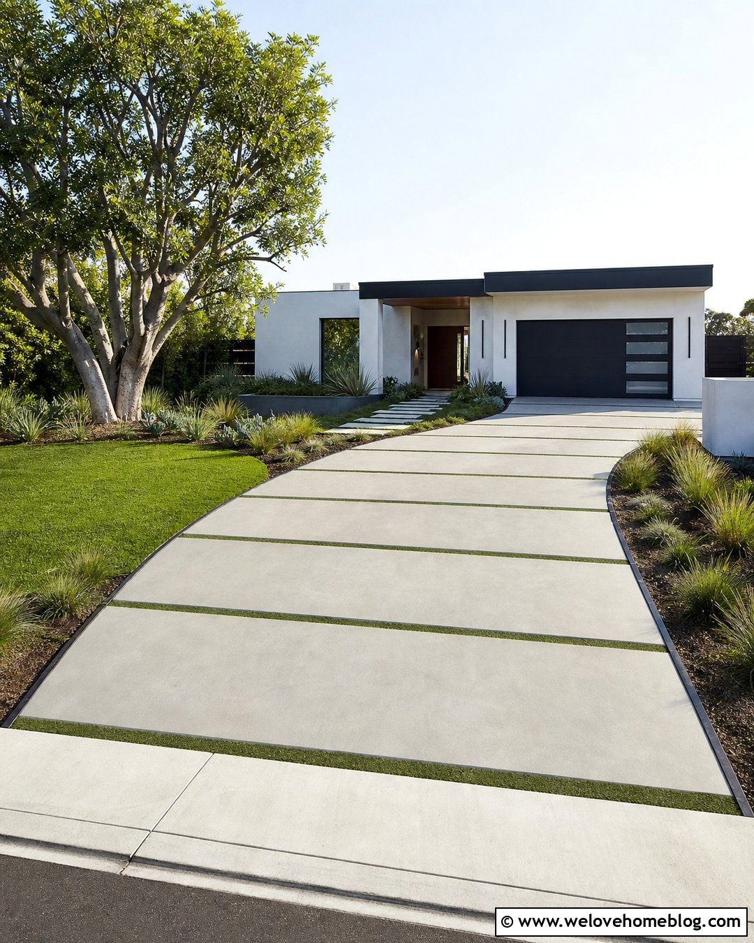Concrete Slab And Grass Strip Driveway Flooring - 35 Driveway Flooring Ideas
