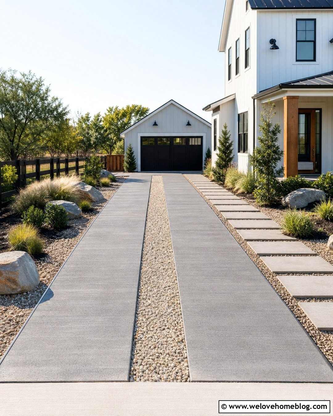 Concrete Strip Driveway With Gravel Center - 20 Clean Concrete Driveway Ideas
