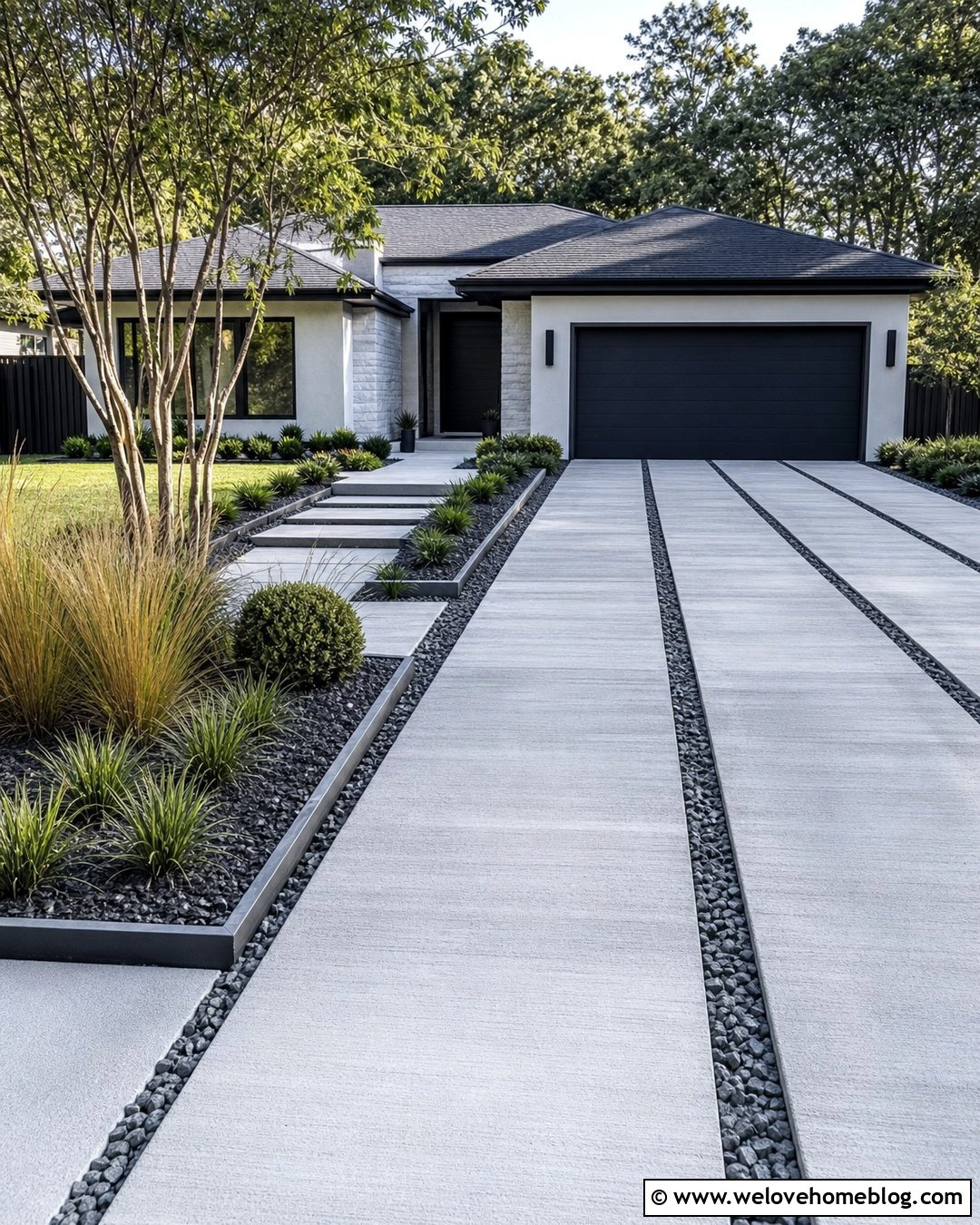 Concrete Strip Driveway With Gravel Drainage Channels - 20 Front Garden Car Park Driveway Ideas