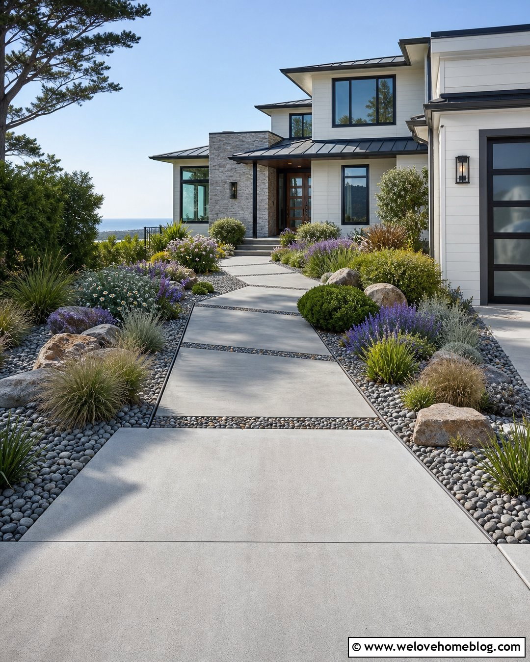 Concrete Walkway With Pebble Accent Bands - 20 concrete walkway from driveway to front door ideas